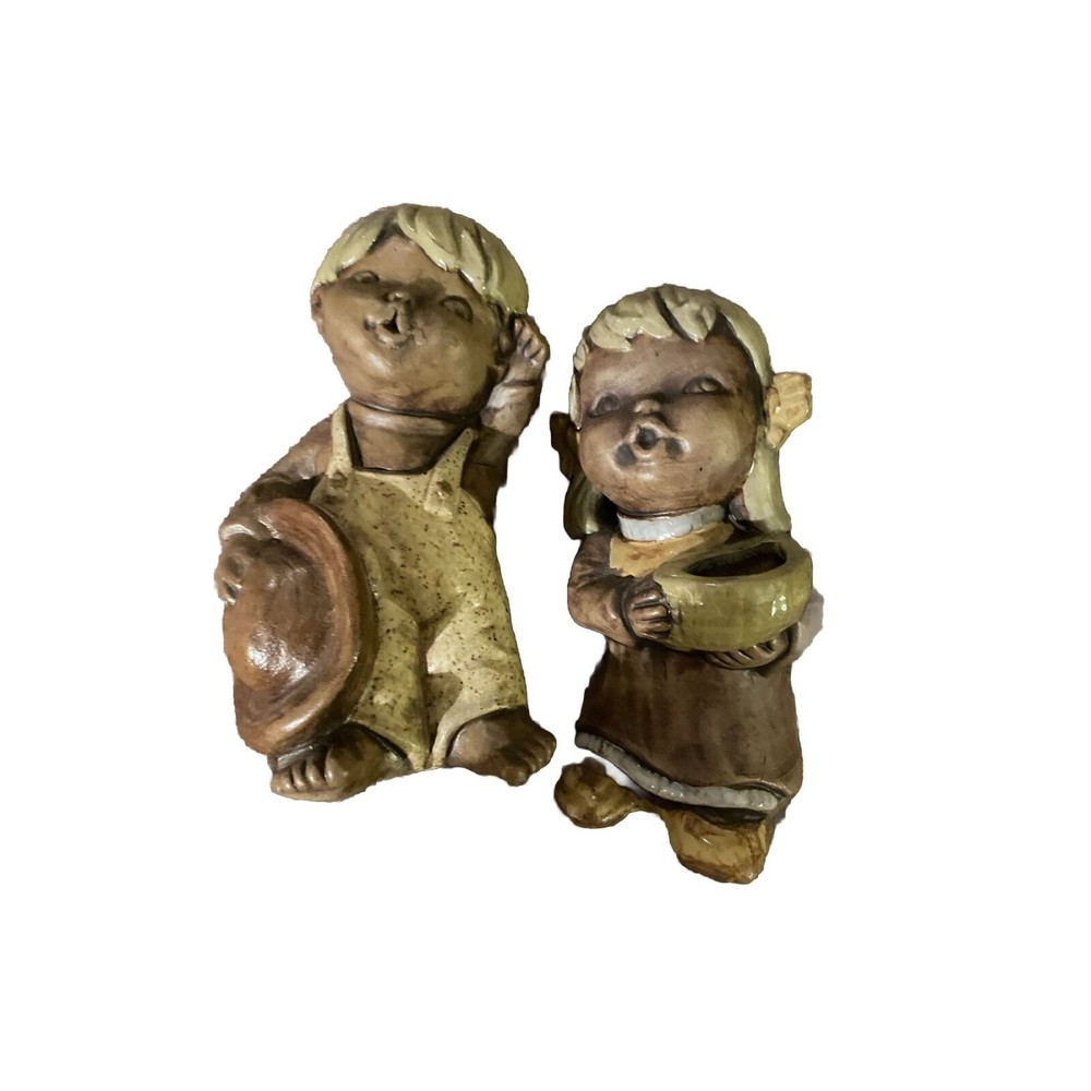 VTG Stoneware Pottery Figures Boy And Girl Mid Century 6” Earthtones
